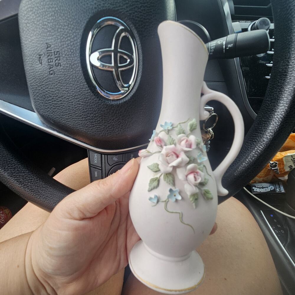 Vintage Lefton China Pink Bud Vase Applied Roses Blue Flowers Hand Painted 1031